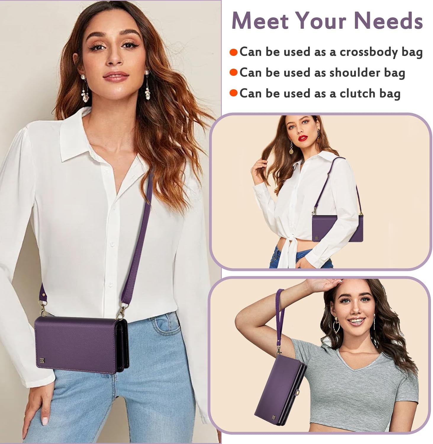 for Wallet Case Compatible with iPhone 17 Pro Max,Multi-Function Detachable 3 in 1 Magnetic iPhone 17 Pro Max Case Wallet,Flip Strap Zipper Card Holder Phone Case with Shoulder Straps (Pruple)