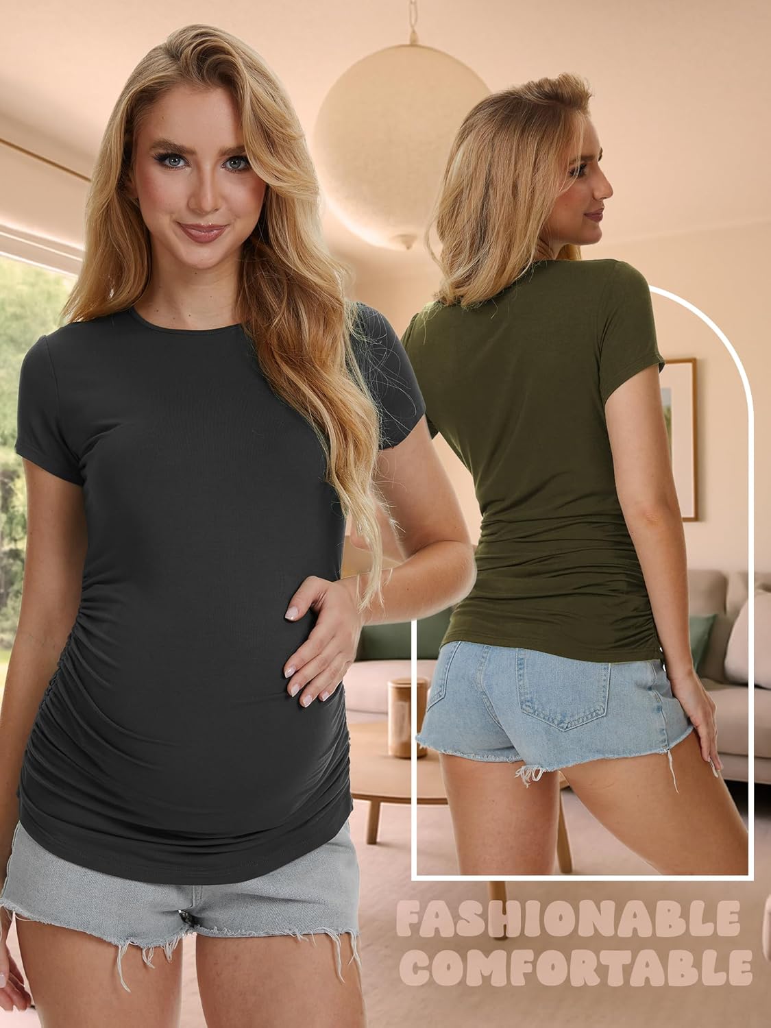 3 Pack Womens Maternity Shirts - Crew Neck Maternity Top Short Sleeve Pregnancy Tee Shirts - Image 2