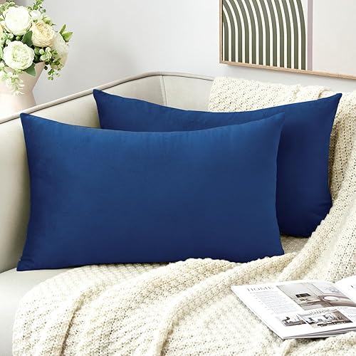 GriNeed Juego de 2 fundas de almohada decorativas de terciopelo de 12 x 20 pulgadas, fundas de almohada lumbares suaves de color azul marino para