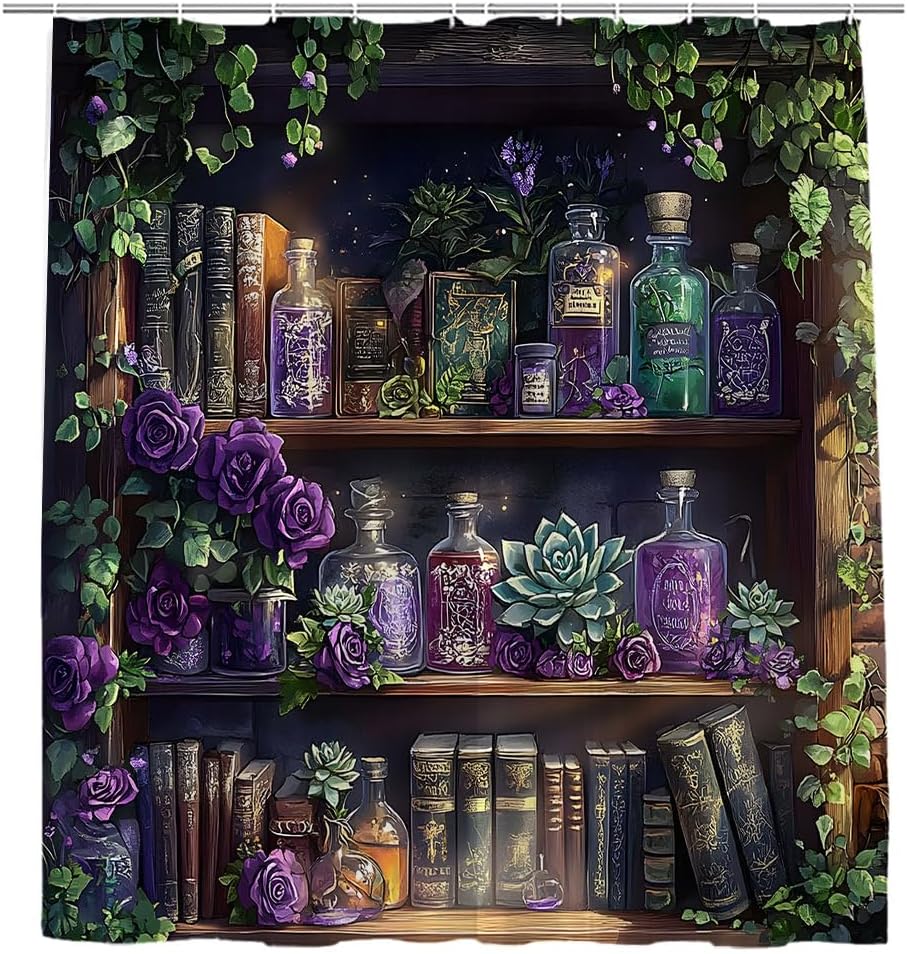 Magic Bookshelf Shower Curtain Gothic Vintage Antique Spooky Skull Wizard Bookcase Purple Rose Floral Bottle Green Mysterious Succulent Halloween Wizard Bathroom Decor Curtains 94x70 inch with Hook