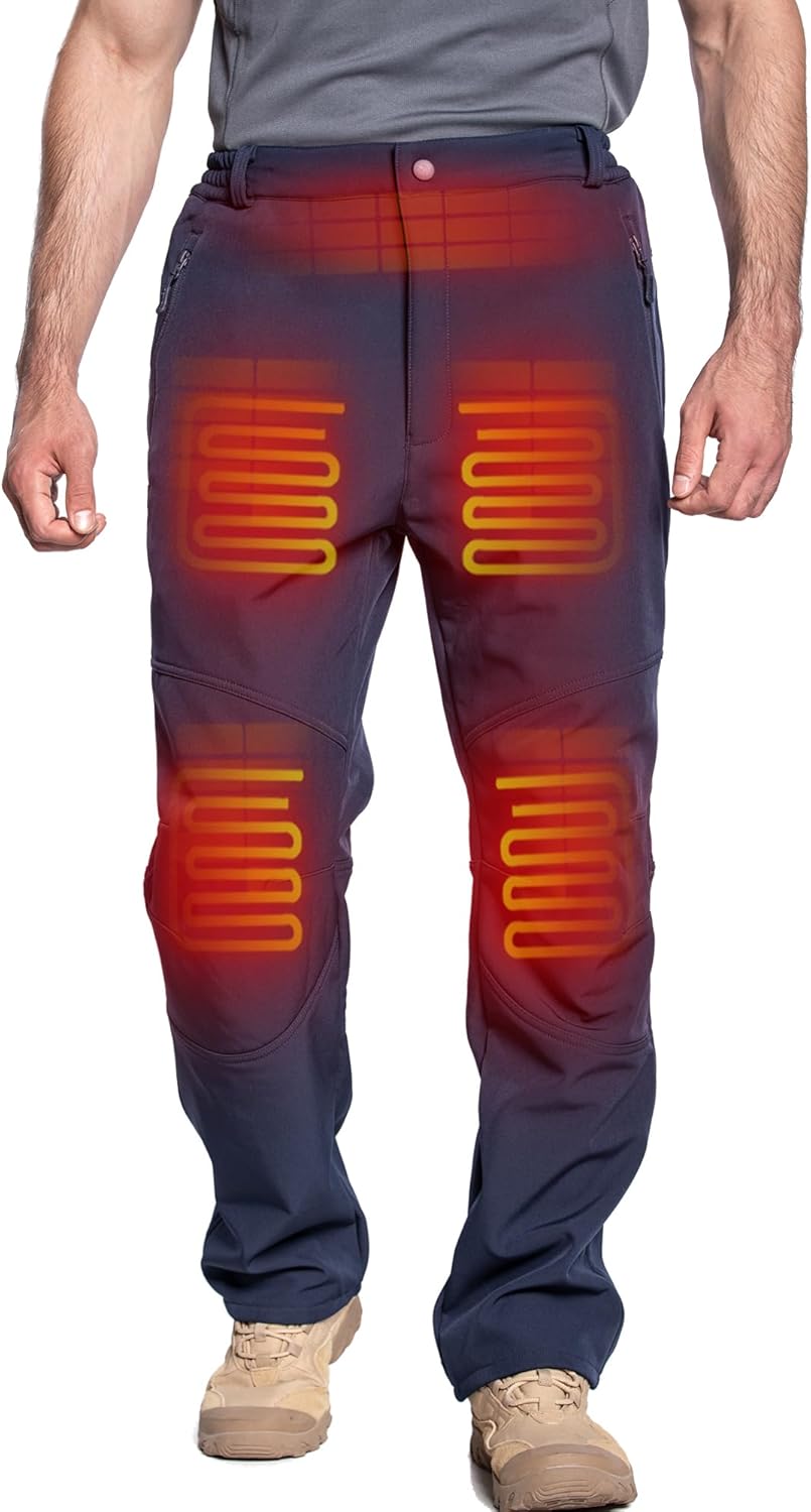 DEWBU Heated Pants for Men with 12V Battery Pack Fleece Lined Outdoor Softshell Pants Electric Heating Trousers