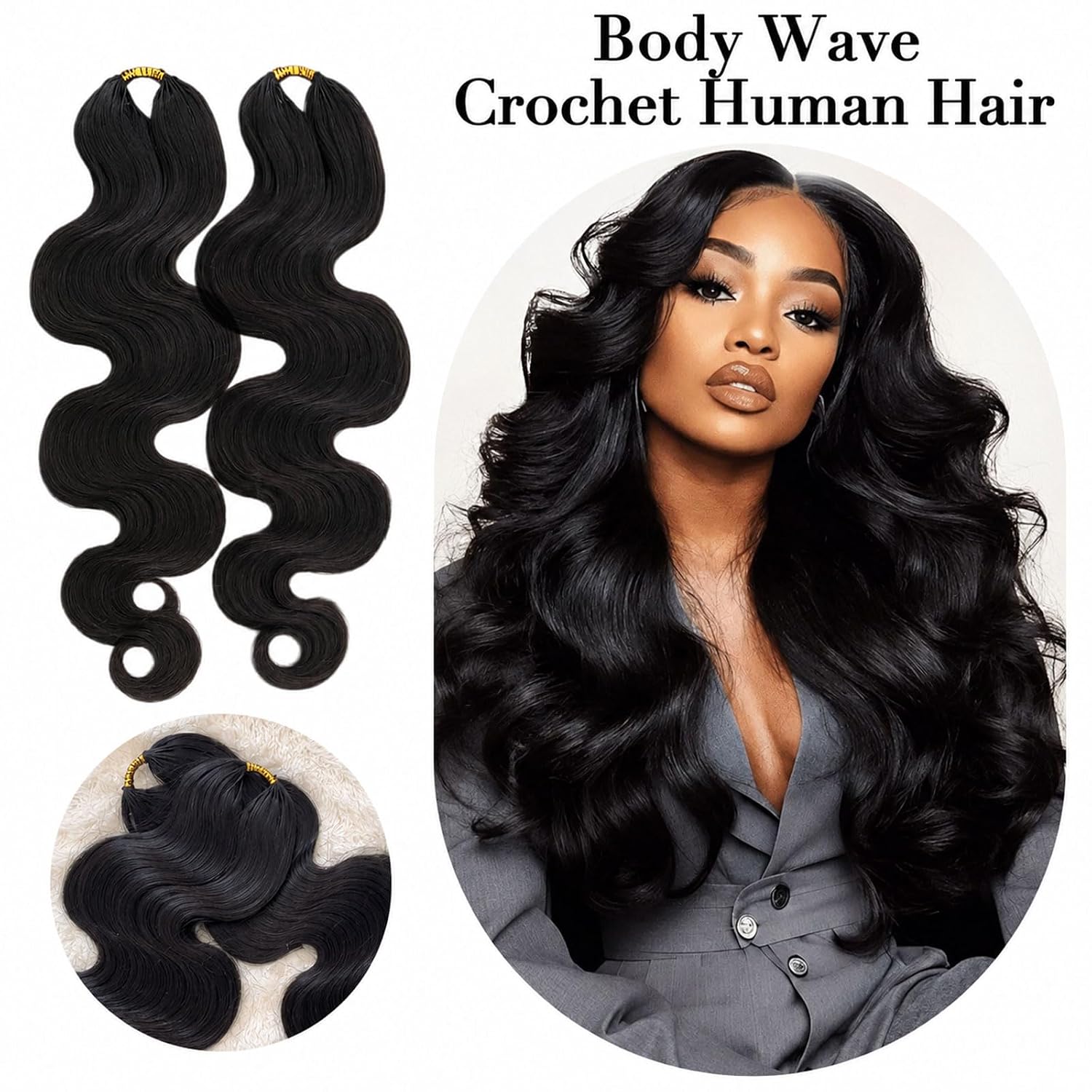 BODY WAVE Crochet Hair Extensions 100% Human Hair Pre-Separated Knotless 16inch 120g Natural Black for Black Women Easy Install