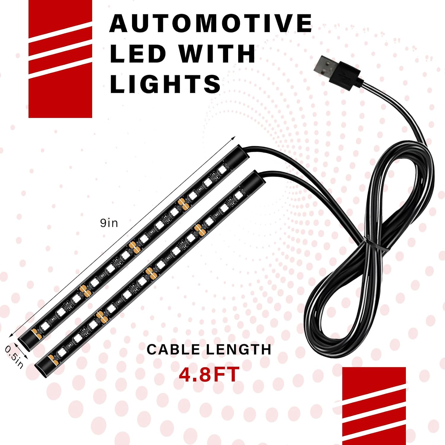 Car LED Strip Light, 12V 24 LEDs RGB Under Dash Atmosphere Light Strip with USB Port, Universal LED Neon Ambient Night Lights Interior Decorative Lamp for Sedan Truck SUV (Red)
