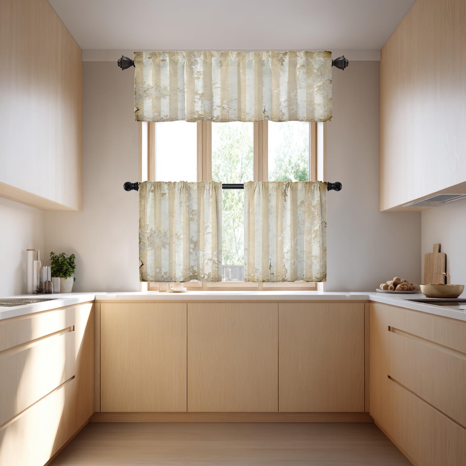 Vintage Brown Beige Blackout Kitchen Curtain, White and Gold Stripe Chic Pattern Window Treatment Rod Pocket Light Filtering Bathroom Short Valance 1 Pack 52X18 Inches