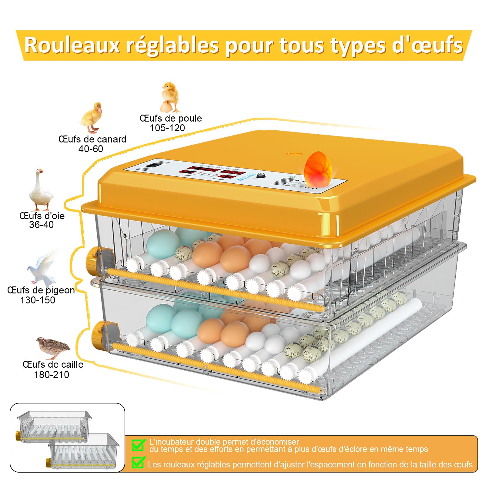 Couveuse Oeuf Automatique de 120 Oeufs avec Retournement des Oeufs et Moniteur d'humidité, Contrôle de Température, Incubateur avec 5 Modes d'incubation Automatiques et jours d'incubation
