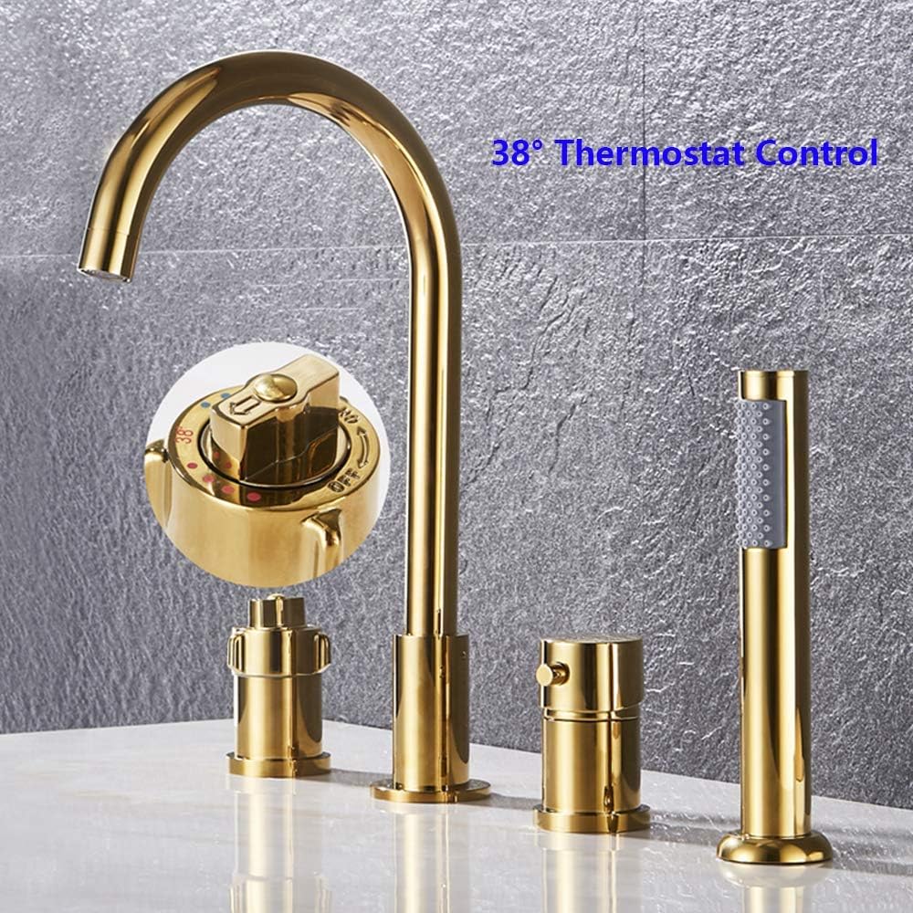 LUNEZY Thermostatic Tub Filler Faucet with Handheld Shower Head, Widespread Tub Faucet Set Deck Mount Bathtub Faucet 4 Holes Tub Tap for Bathroom,Gold