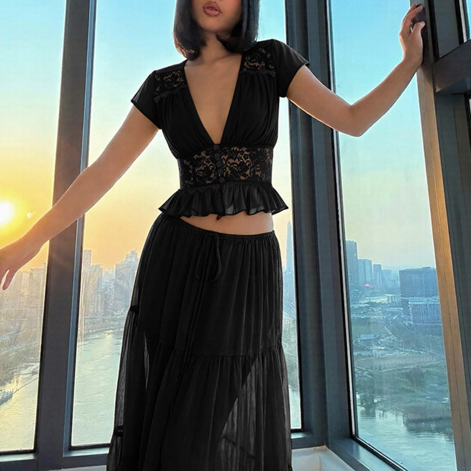 Ensemble D'éTé 2 Pièces Pour Femme Crop Top Sans Manches à Col V Profond Dentelle Et Volants et Jupe Longue à Cordon De Serrage