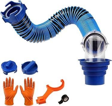 SheeChung 3FT RV Sewer Hose, Short Camper Sewer Hose for RV Dumping, Heavy-Duty Waste Hose with Swivel Fittings, 90-Degree Clear Elbow, 4-in-1 Adapter, 2 Storage Caps, 1 RV Waste Value Wrench
