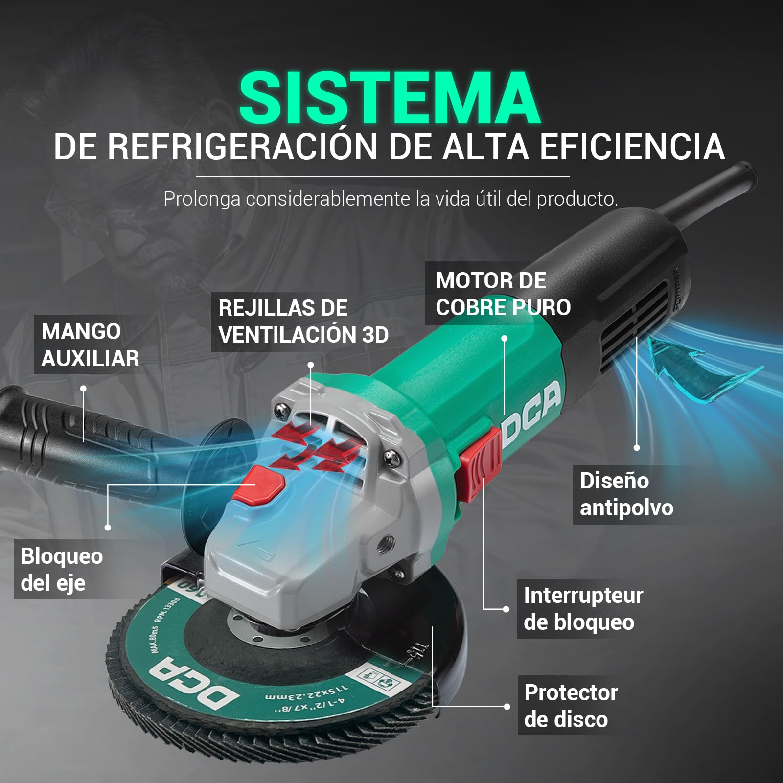 DCA Amoladora Angular 860W 125 mm, 11.800 rpm, Cuerpo Ultra Fino (Circunferencia 178 mm), Carcasa de Engranajes Compacta, 1,6 kg Ligera Radial para Corte y Lijado