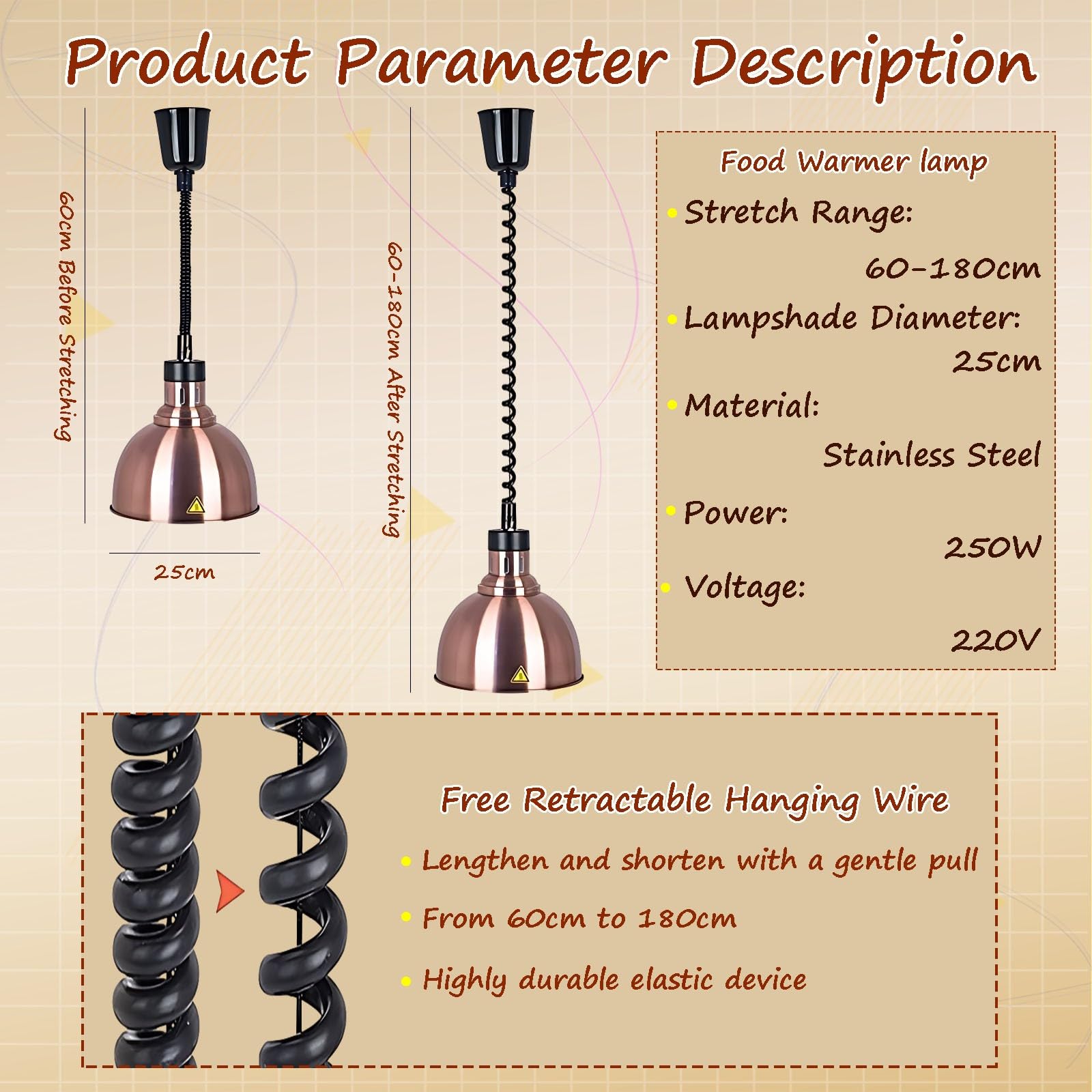 Lampada Riscaldante per Alimenti, Sospeso Lampade Scaldavivande Cucina, 19cm/25 cm Lampade Riscaldanti Cucina Regolabile per Buffet e Hotel(Rame Colore-25cm, 3 Pezzi)