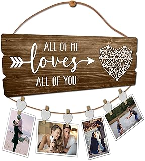 Buecasa Romantic Gifts for Girlfriend Boyfriend Couples Fiance - All of Me Loves All of You Photo Holder with 6 Heart Clips 15.8x6.0 Inches
