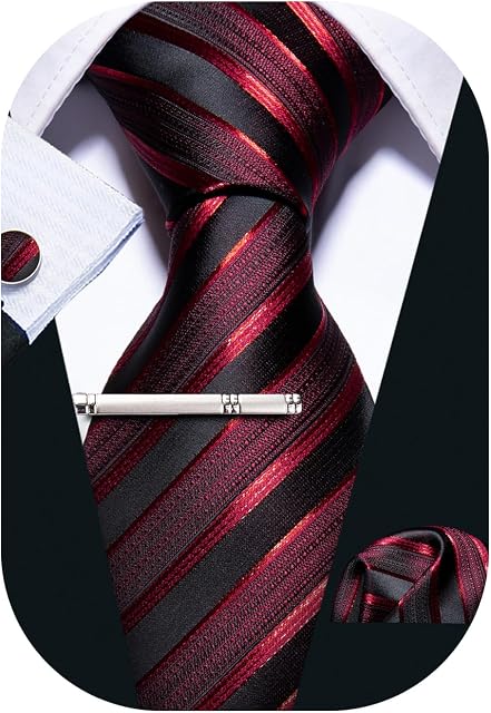 Barry.Wang Men Ties Stripe Check Silk Necktie Pocket Sqaure Cufflink Tie-Clip 4PCS Set Classic Business Wedding Necktie