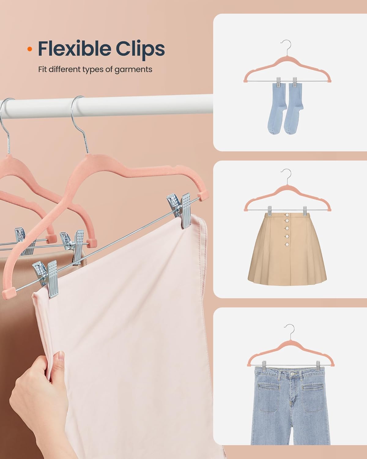 SONGMICS HOME Velvet Pants Hangers with Adjustable Clips, Non-Slip Space-Saving Clothes Hangers, 30 Pack, Shoulder Notches for Skirts, Pink