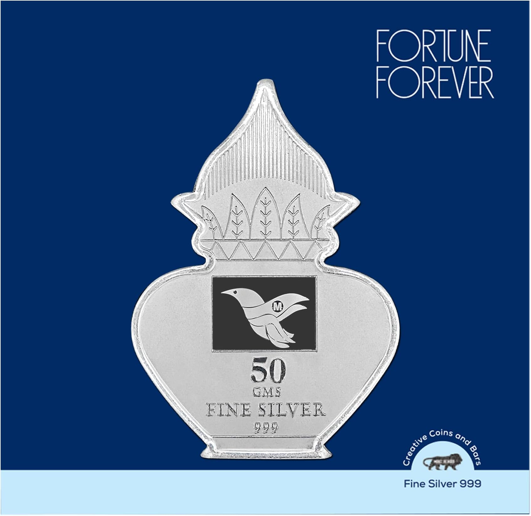FORTUNE FOREVER Pure Silver 50 Grams Kalash Nariyal BIS Hallmarked Silver Coin Chandi Sikka Perfect for Gifting Investment Diwali Dhanteras (999 Purity)(50 Grams Silver)