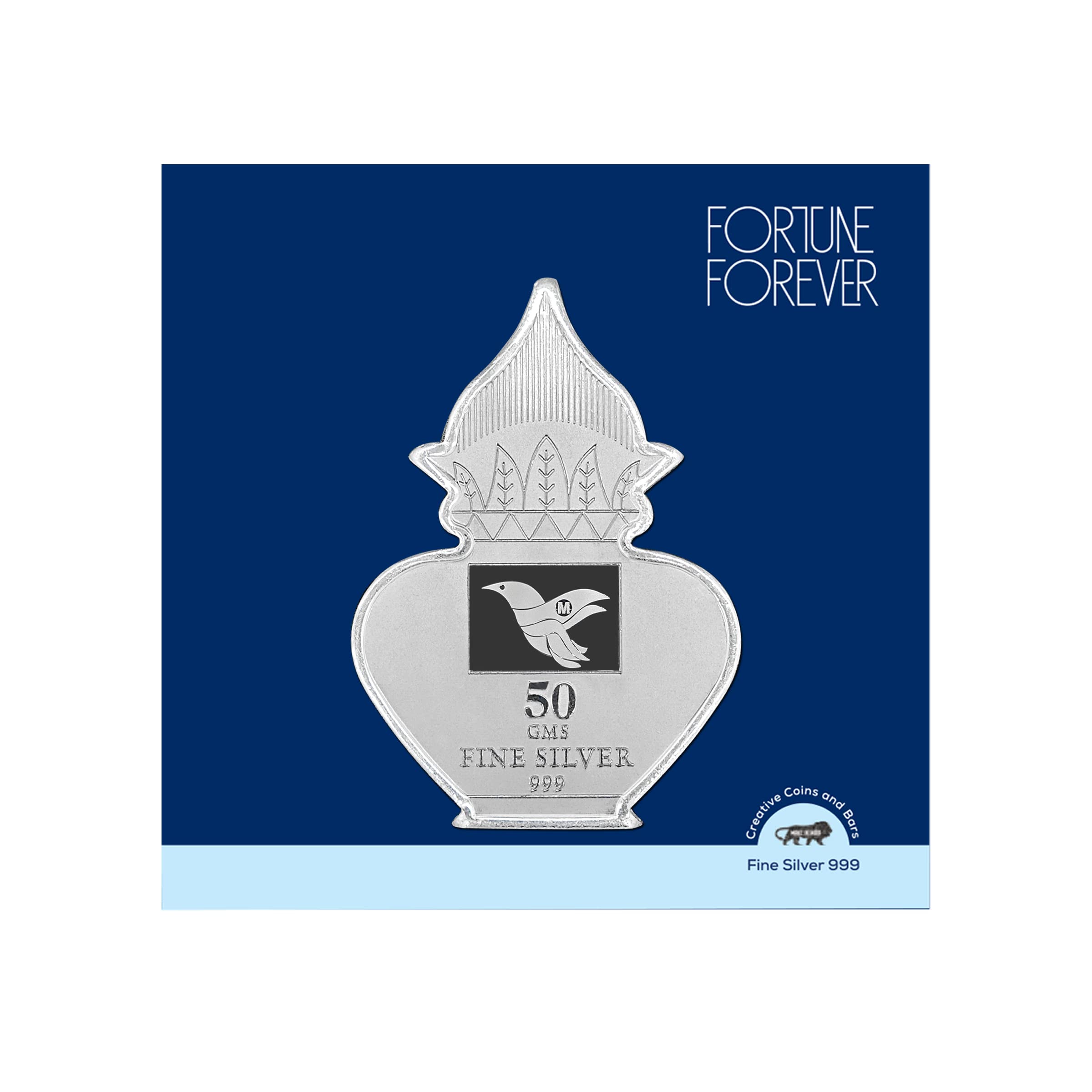 FORTUNE FOREVER Pure Silver 50 Grams Kalash Nariyal BIS Hallmarked Silver Coin Chandi Sikka Perfect for Gifting Investment Diwali Dhanteras (999 Purity)(50 Grams Silver)