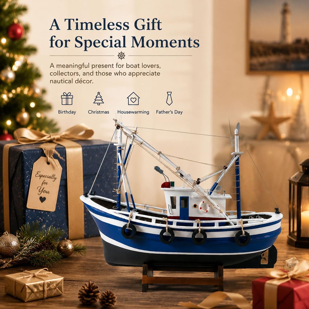 Maquette Bateau De Pêche Américain En Bois – Décor Fini, Rouge – Cadeau Nautique
