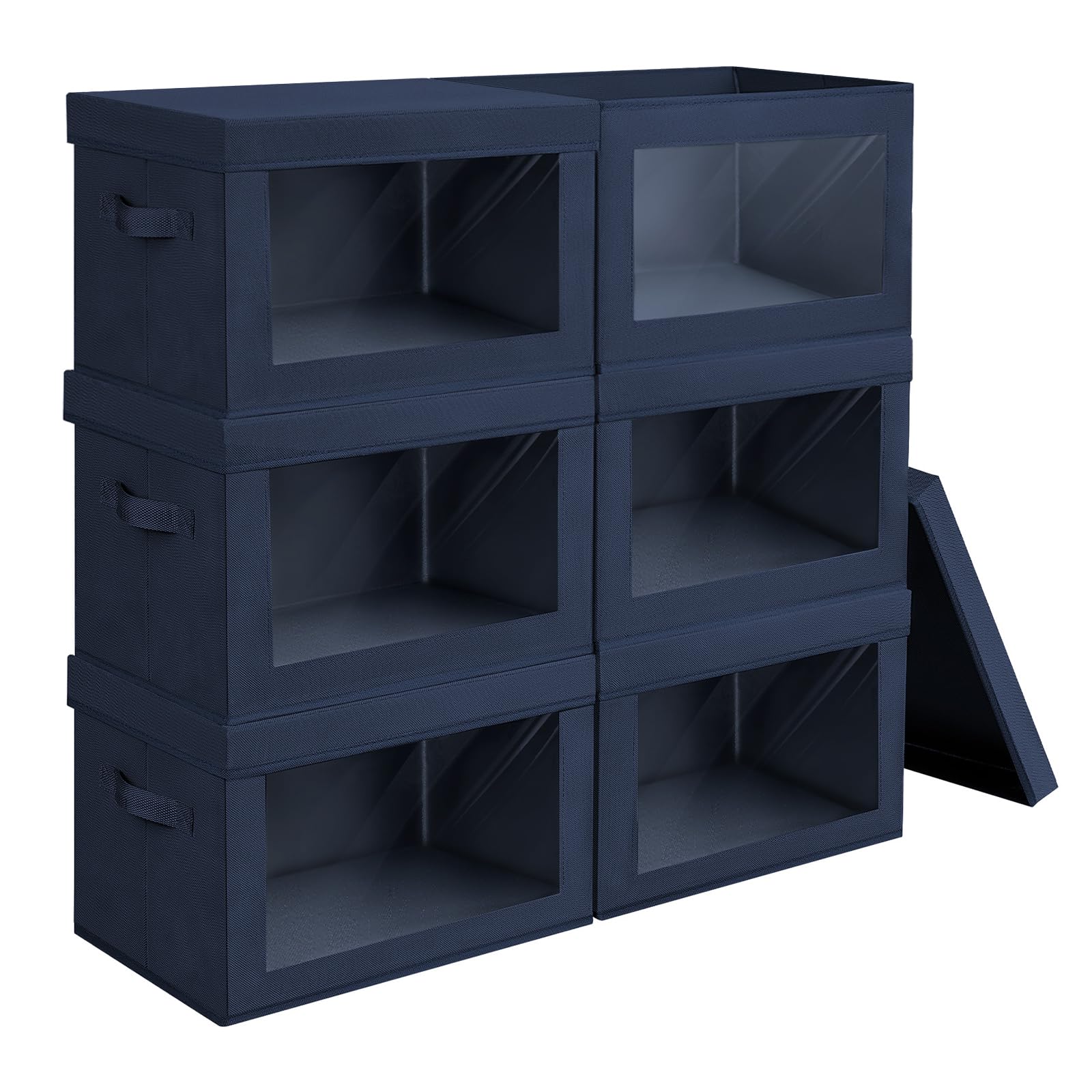Homsorout Large Storage Boxes with Lids - Fabric Storage Bins with Double Lid & Divider Board, Foldable Wardrobe Organisers with Label for Shelves, Bedroom, Navy Blue, 6 Pack - 23.75L — image 1