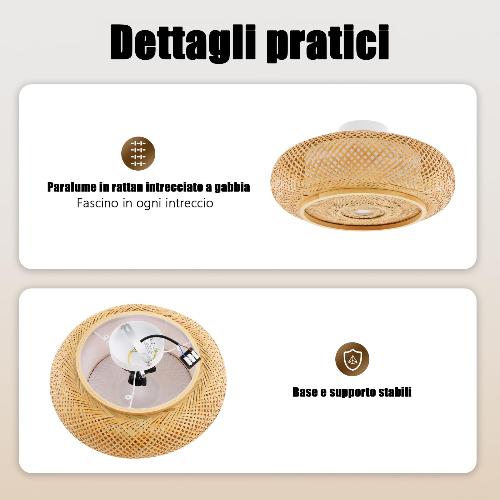 Lampada da soffitto in bambù, stile retrò, 3 luci, per corridoio, boho, tessuto a mano, in legno, 40 x 14 cm, lampada a sospensione in rattan per LED/lampadina/lampada fluorescente