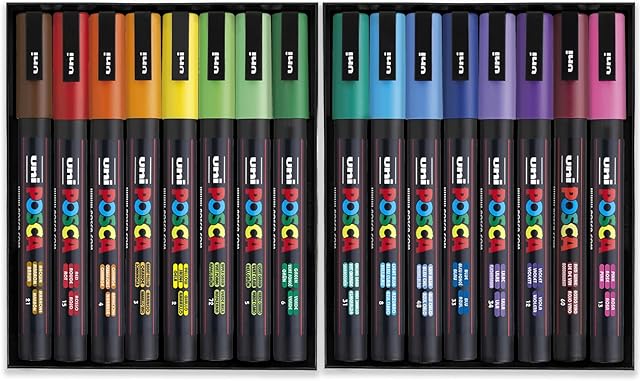Posca PC-3M Paint Marker Art Pens - 0.9-1.3mm  Full Spectrum Set of 16 Pens in 2 Gift Boxes