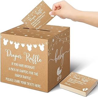 Teling 51 Pieces Diaper Raffle Tickets with Card Box Baby Shower Decorations Baby Shower Holder Box for Girl Boy Diaper Raffle Party(Kraft Paper Style)
