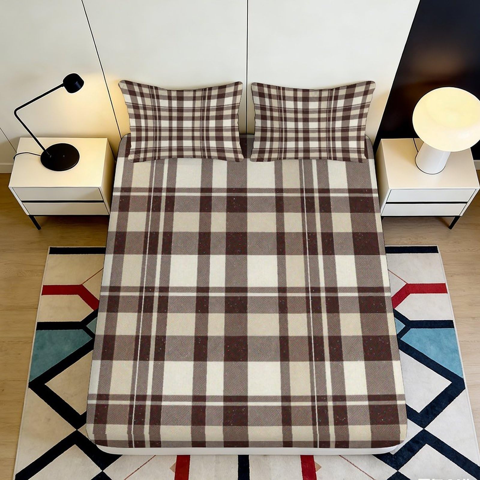 Jqzkxnhpbr Style-7 3D Printed Brown Plaid Fitted Sheet Microfiber Soft Breathable Checkered Mattress Cover For Bedroom Guest Room Dorm Decor 90X200x25cm