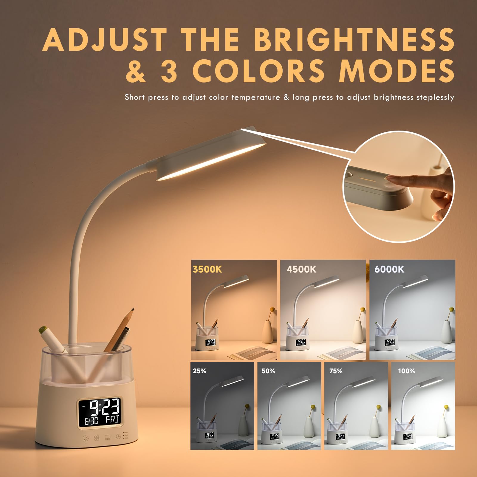 Bokefo LED Desk Lamp with Pen Holder & RGB Ambient Lights, 3 Colors Stepless Dimming Table Lamp - Image 2