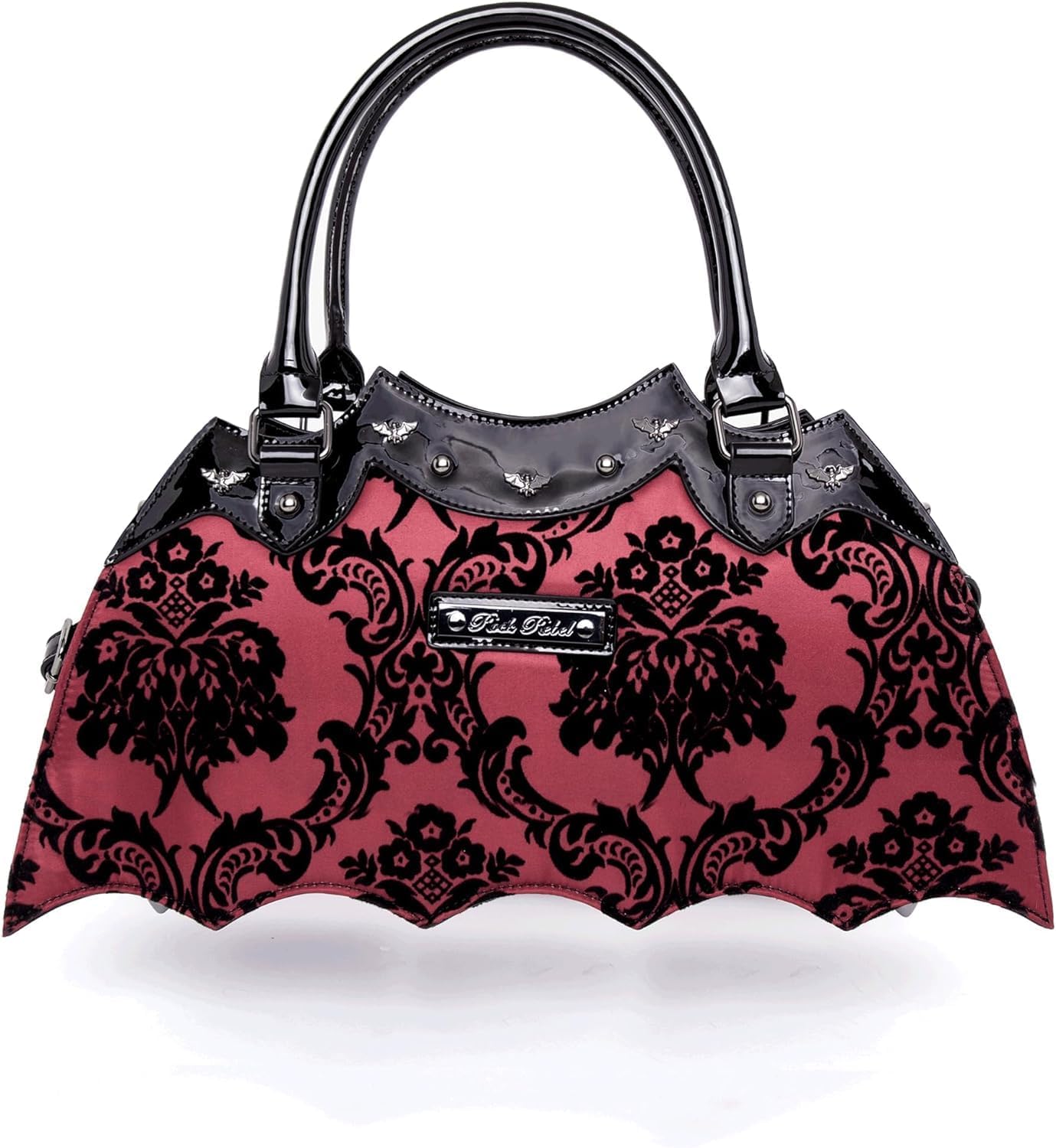 Rock Rebel Damask Bat Handbag Purse Satchel Crossbody Satin Velvet Black and Red