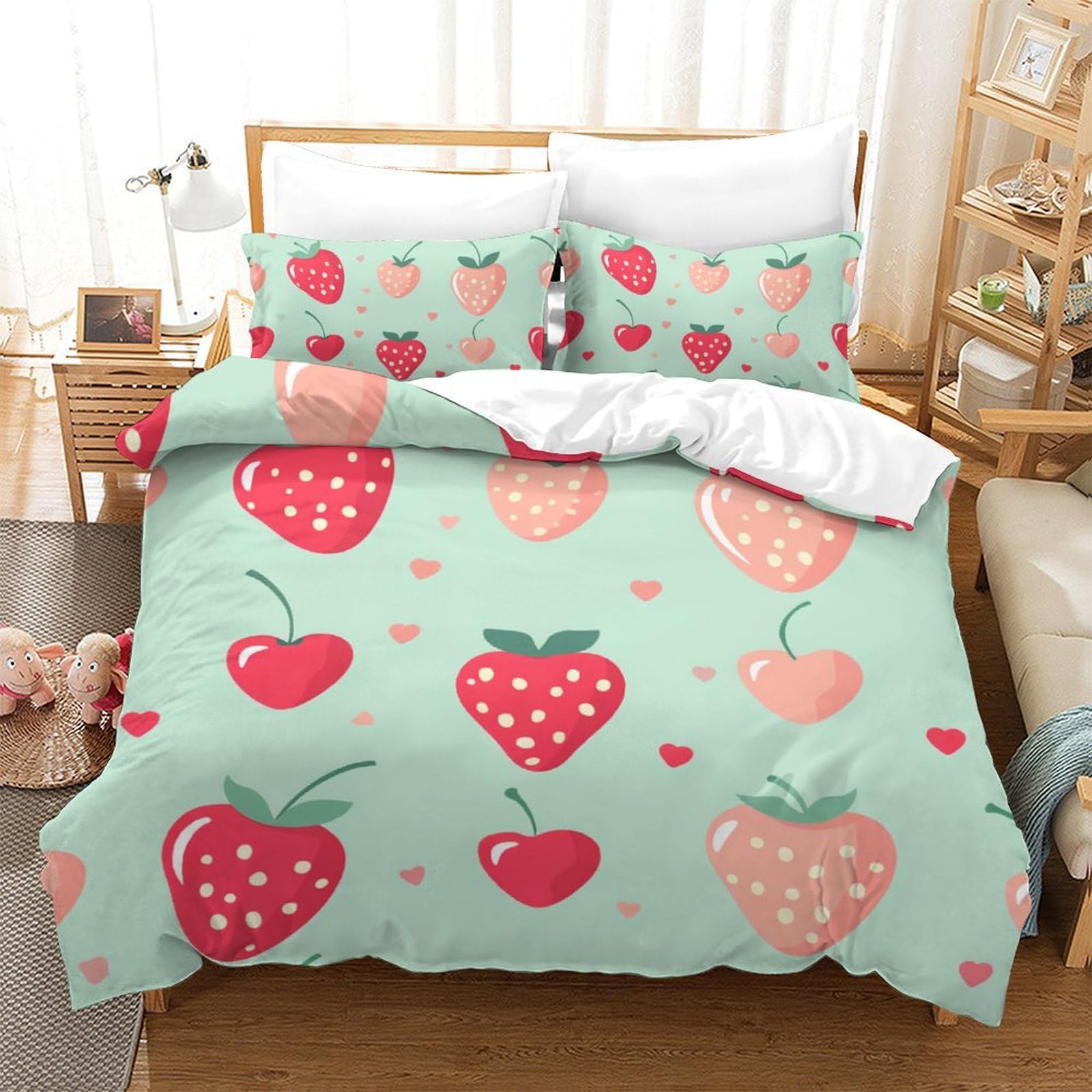 Housse de couette 3D fraises microfibre douce pour lit double 200x200