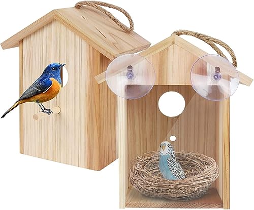 Casa para pájaros con ventana para exteriores con ventosa fuerte, casa para pájaros con ventana transparente mejorada para ver en el interior, caja