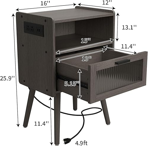 Miniatura 3 de Mesita de noche moderna de mediados de siglo con estación de carga, mesitas de noche con cajón de cristal, mesa auxiliar con espacio de