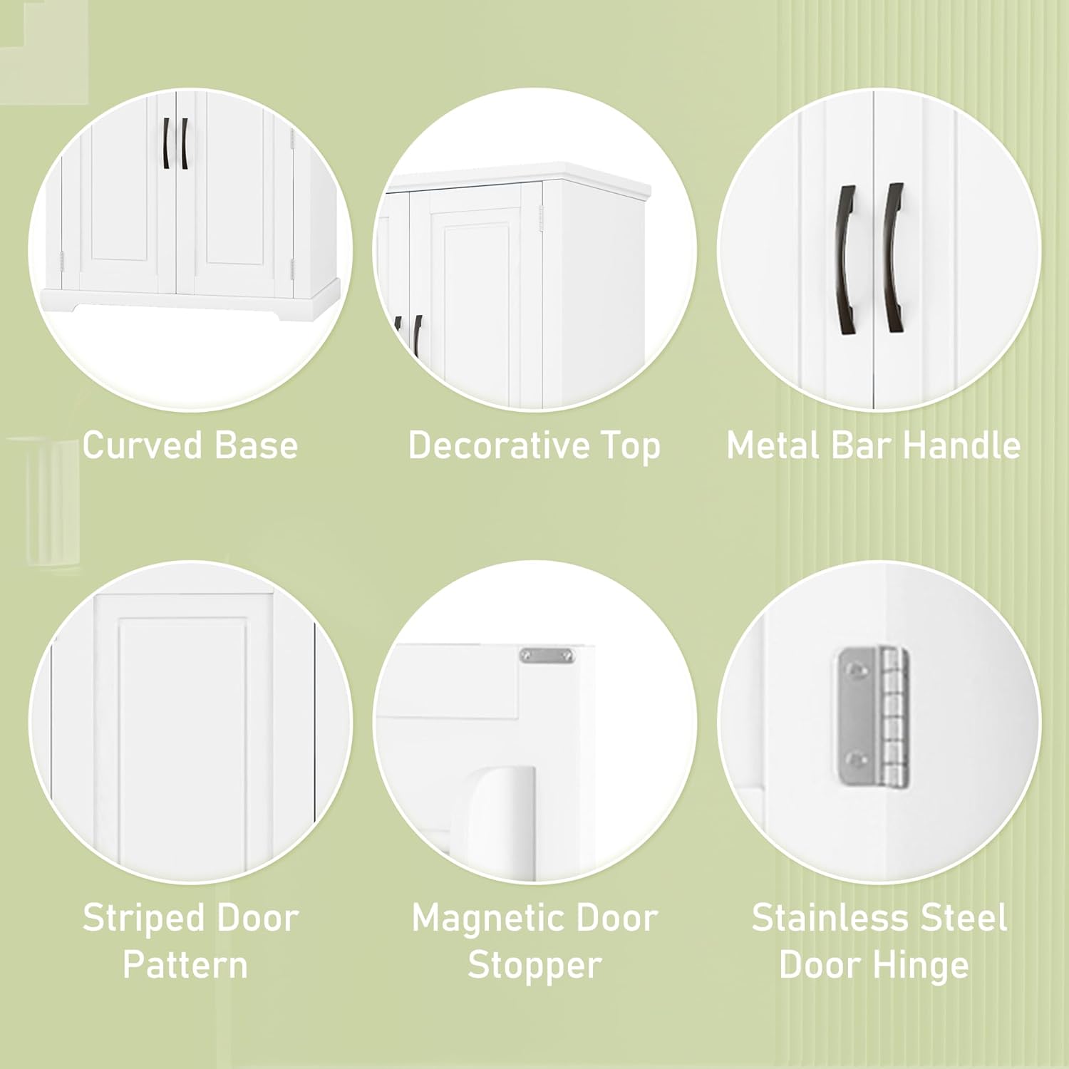 Close-up images showing features like curved base, decorative top, metal bar handle, striped door pattern, magnetic door stopper, and stainless steel door hinge.