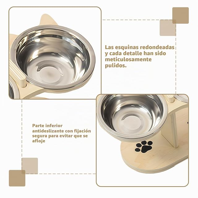Foto 3 de 7 de GOEDCH - Comedero para gatos elevado: 3 cuencos de acero inoxidable, soporte de madera ajustable en altura…