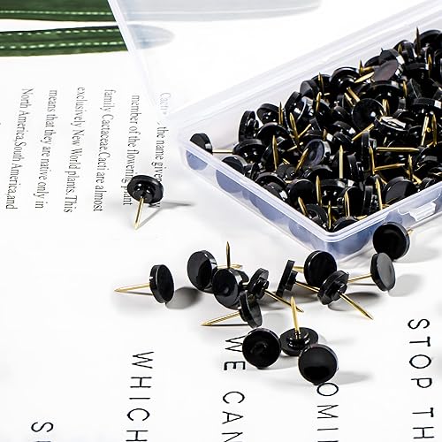 Miniatura 4 de VAPKER 200 tachuelas planas negras para pulgar, cabeza de plástico estándar y punta de acero dorado para tablero de corcho, mapas, colgar en la