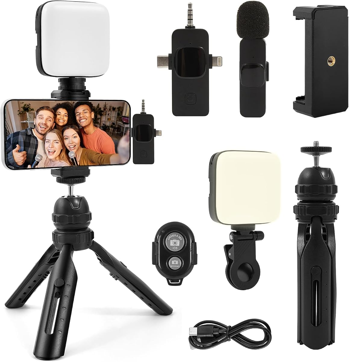 Kit de vlogging para iPhone/Android, micrófono para creadores de contenido | Micrófono Lavalier inalámbrico, luz para selfies, kit de inicio de YouTube, equipo creador de contenido para Vlogging, YouTube, TikTok