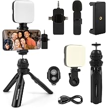 Vlogging Kit for iPhone, Android with Tripod, Wireless Lavalier Microphone, Selfie Light, YouTube Starter kit Content Creator Equipment with for Video Conference, Vlogging, YouTube, TikTok