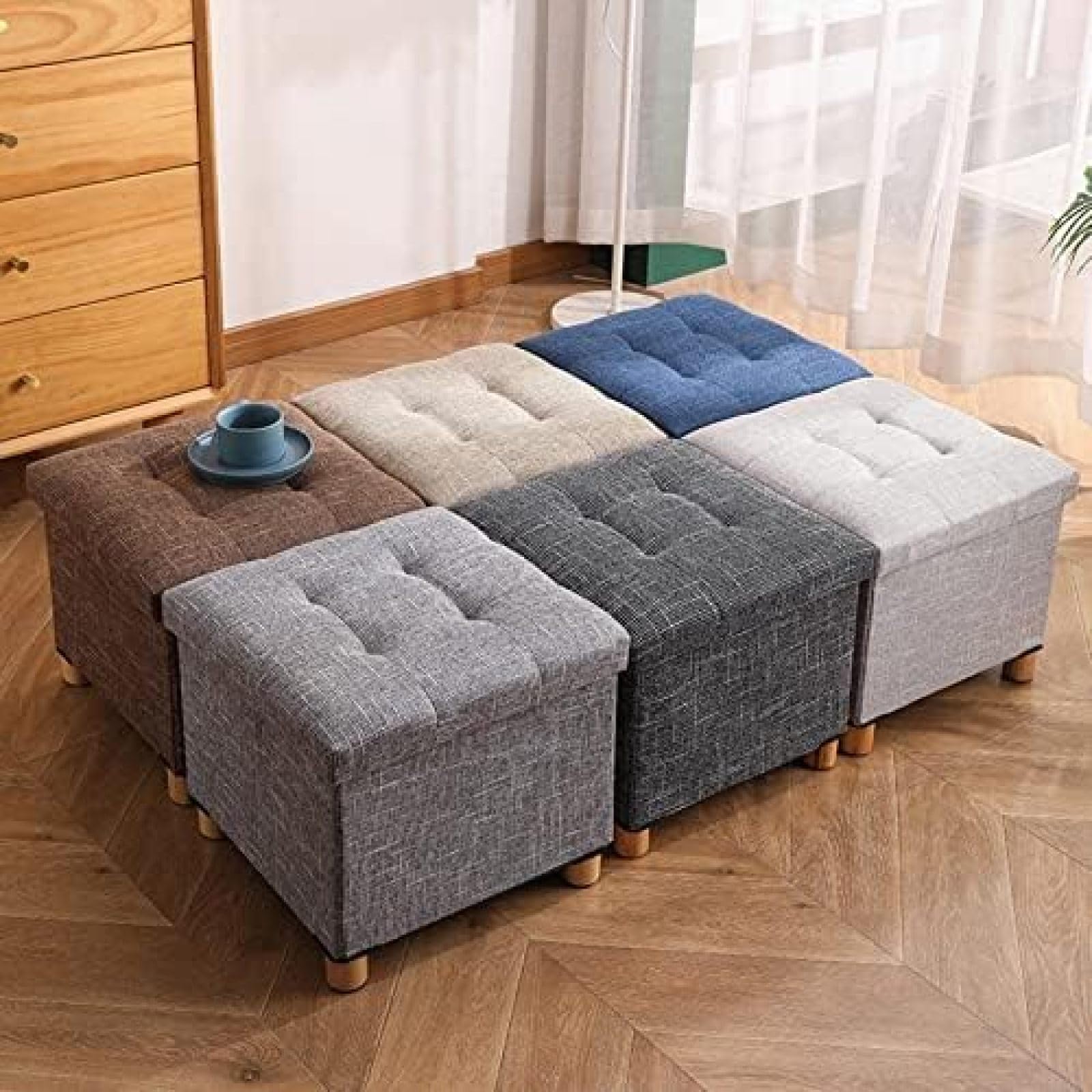 Yawinhe Taburete Otomana Tapizado | Reposapiés De Madera 38x24x29cm | Gris Claro | Funda Desmontable | Ideal Para Sala, Dormitorio O Entrada