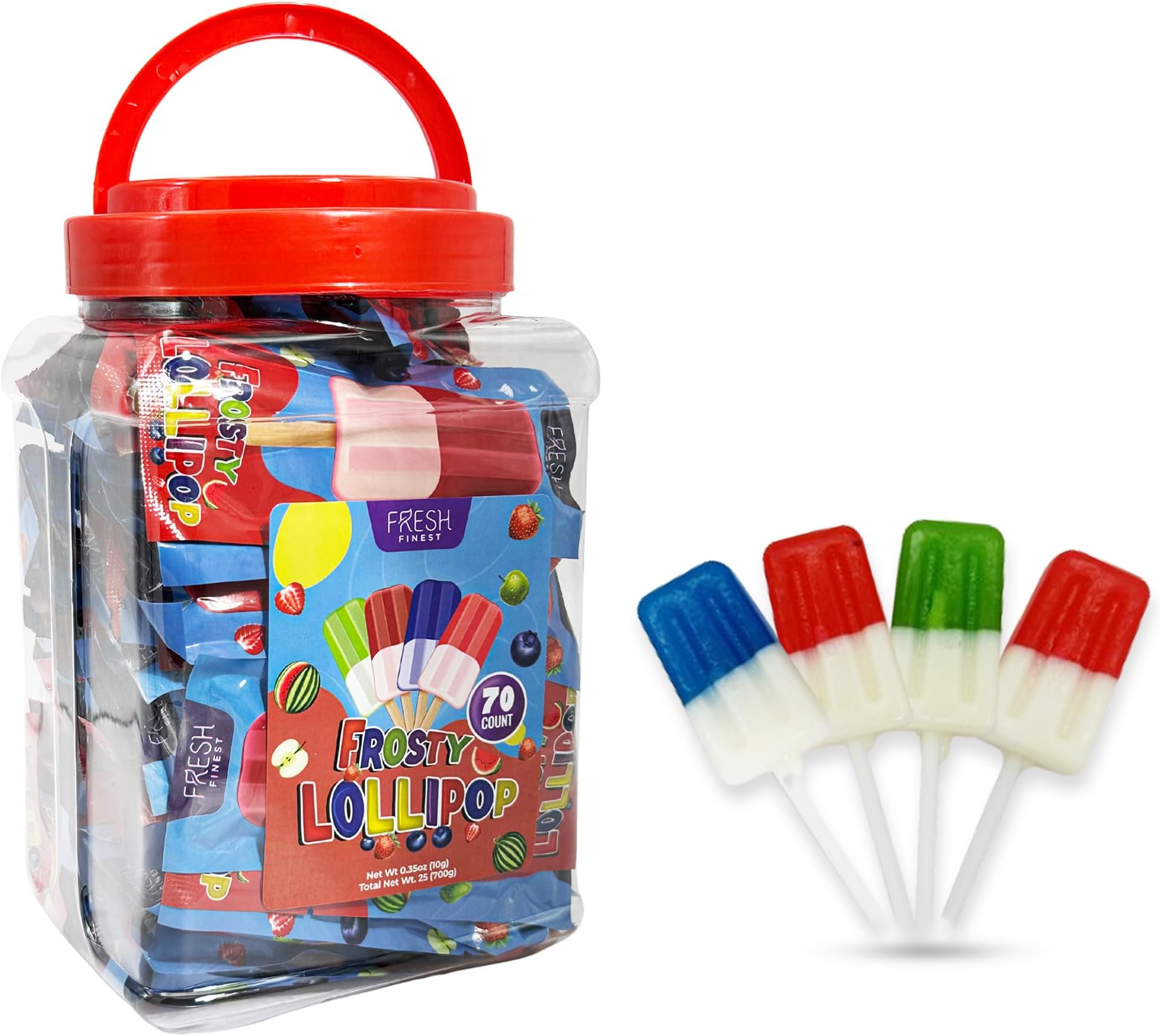 Fresh Finest Popsicle Shaped Ice Cream Lollipops - Individually Wrapped Suckers, Multicolor Lollipops Best for Summer, Goodie Bags, Party Favors - 70 Pack Bulk