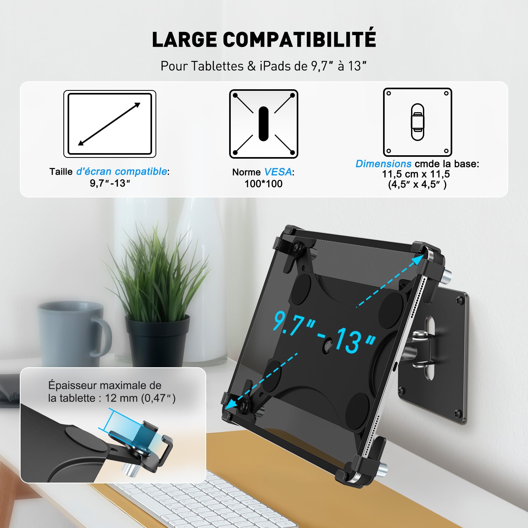 AboveTEK Support antivol pour iPad, Compatible avec tablettes de 9,7 à 13 Pouces, y Compris iPad Pro/Air/Mini, Galaxy Tab - Verrou de sécurité et clé - Noir