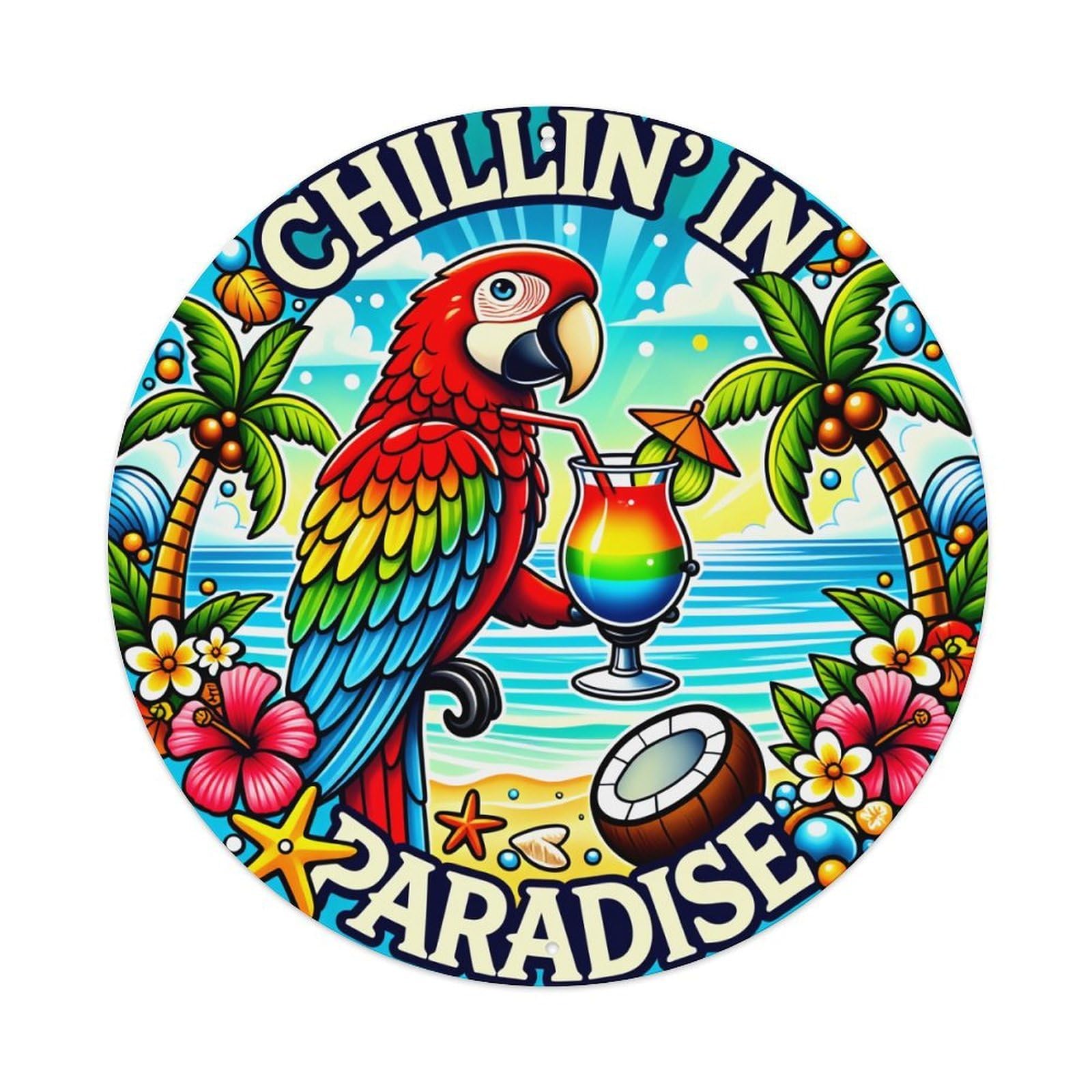 Tropical Parrot Cocktail Beach Scene Round Tin Sign Vintage Metal Poster Retro Bar, Home, Man Cave, Kitchen, Laundry Room Wall Art Decor Gift 8x8In