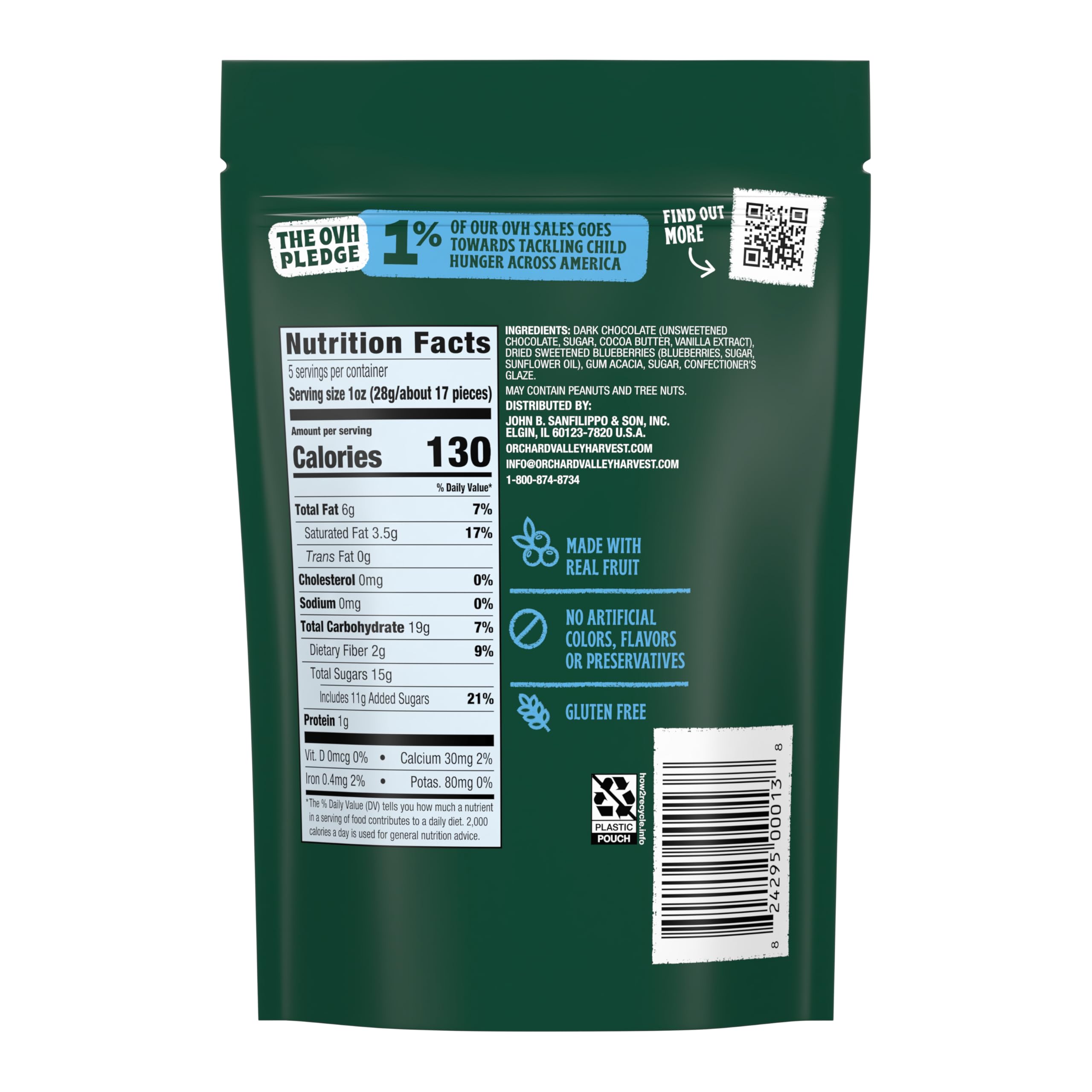 Orchard Valley Harvest Dark Chocolate Dipped Blueberries 5 oz (Pack of 1), Made With Real Sweetened Blueberries, Gluten Free, Non-GMO, Stand Up Bag, On-The-Go Snack For The Whole Family