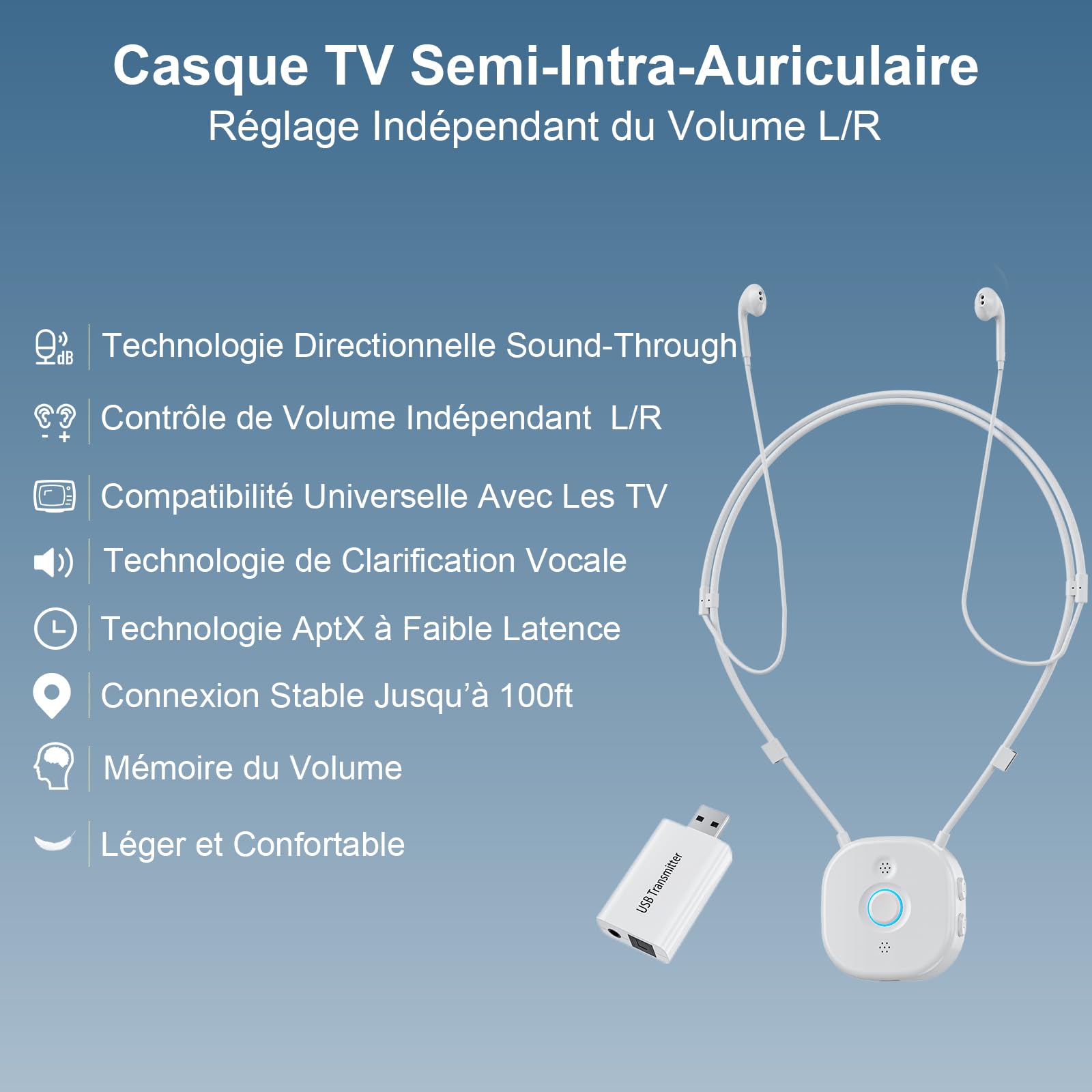 Écouteurs à Tour de Cou avec Contrôle Indépendant G/D, Grands Boutons, AptX Faible Latence, Casque TV sans Fil, Plug and Play pour Téléviseurs Compatibilité Optique/AUX/RCA/USB