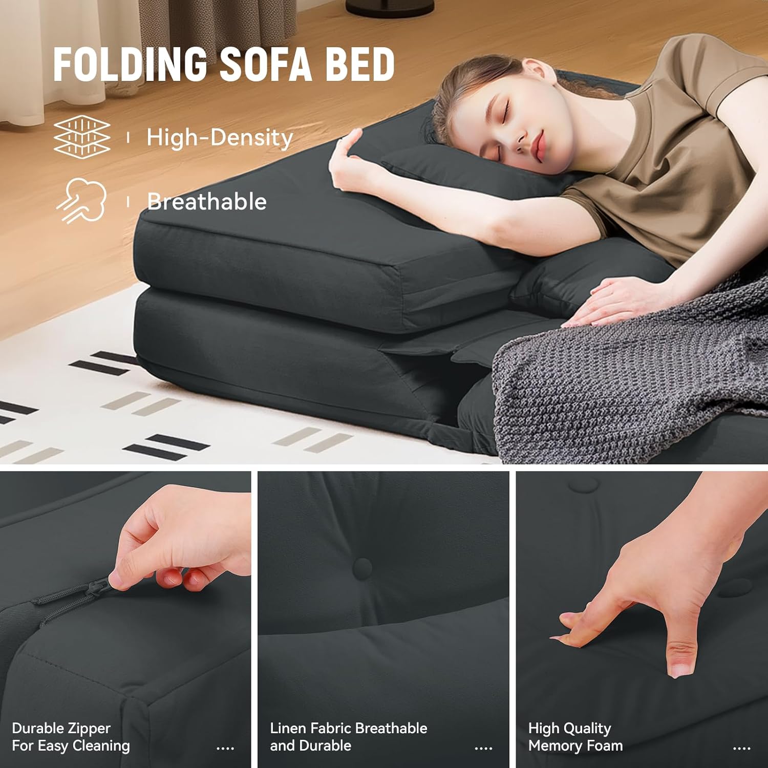 LUCKLIFE Folding Sofa Bed, Convertible Floor Sofa with Pillows, Fabric Floor Couch & Memory Foam Foldable Mattress with Washable Cover for Living Room, Guest Room, Dorm (Black)