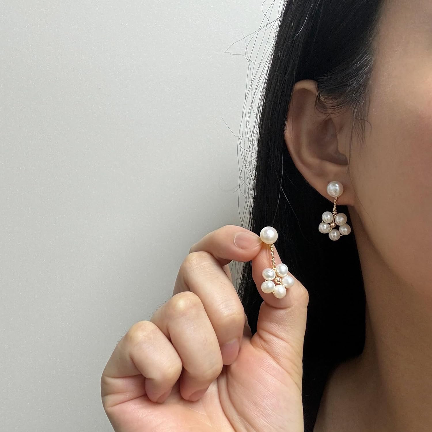 Handmade Wire Craft Freshwater Cultured Pearls Flower Dangling Drop Earrings - Image 2