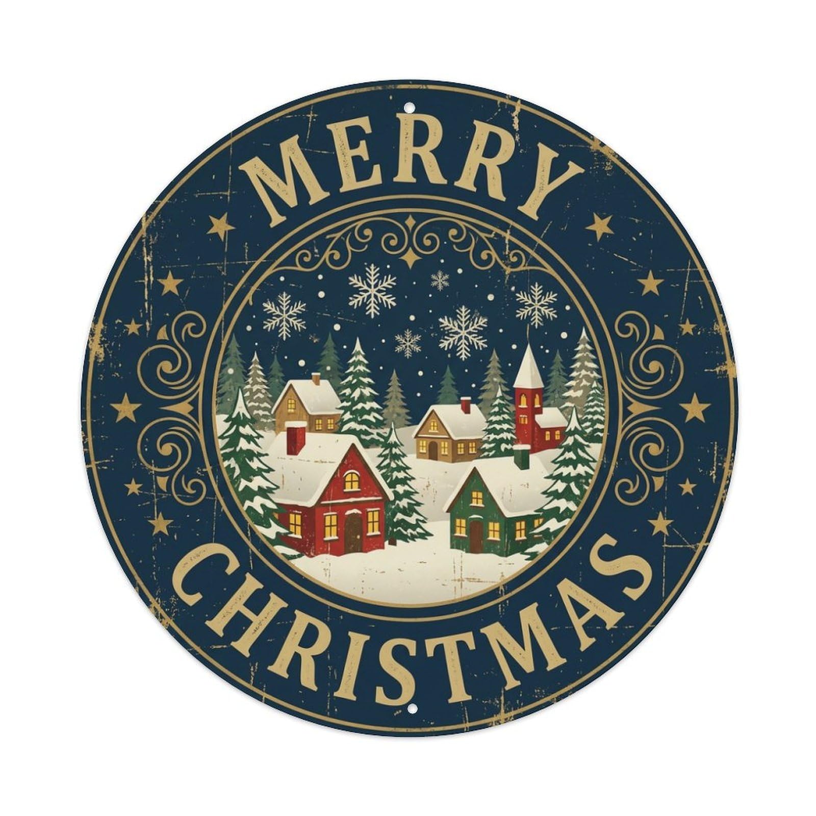 Merry Christmas Snowy Village Night Metal Tin Sign