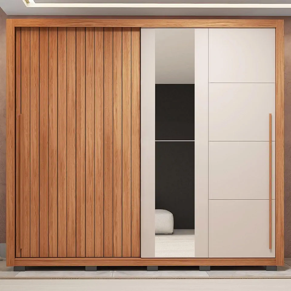 Guarda-roupa Casal Ripado com Espelhos 2 Portas e 4 Gavetas Suburban Espresso Móveis Freijo/Off White