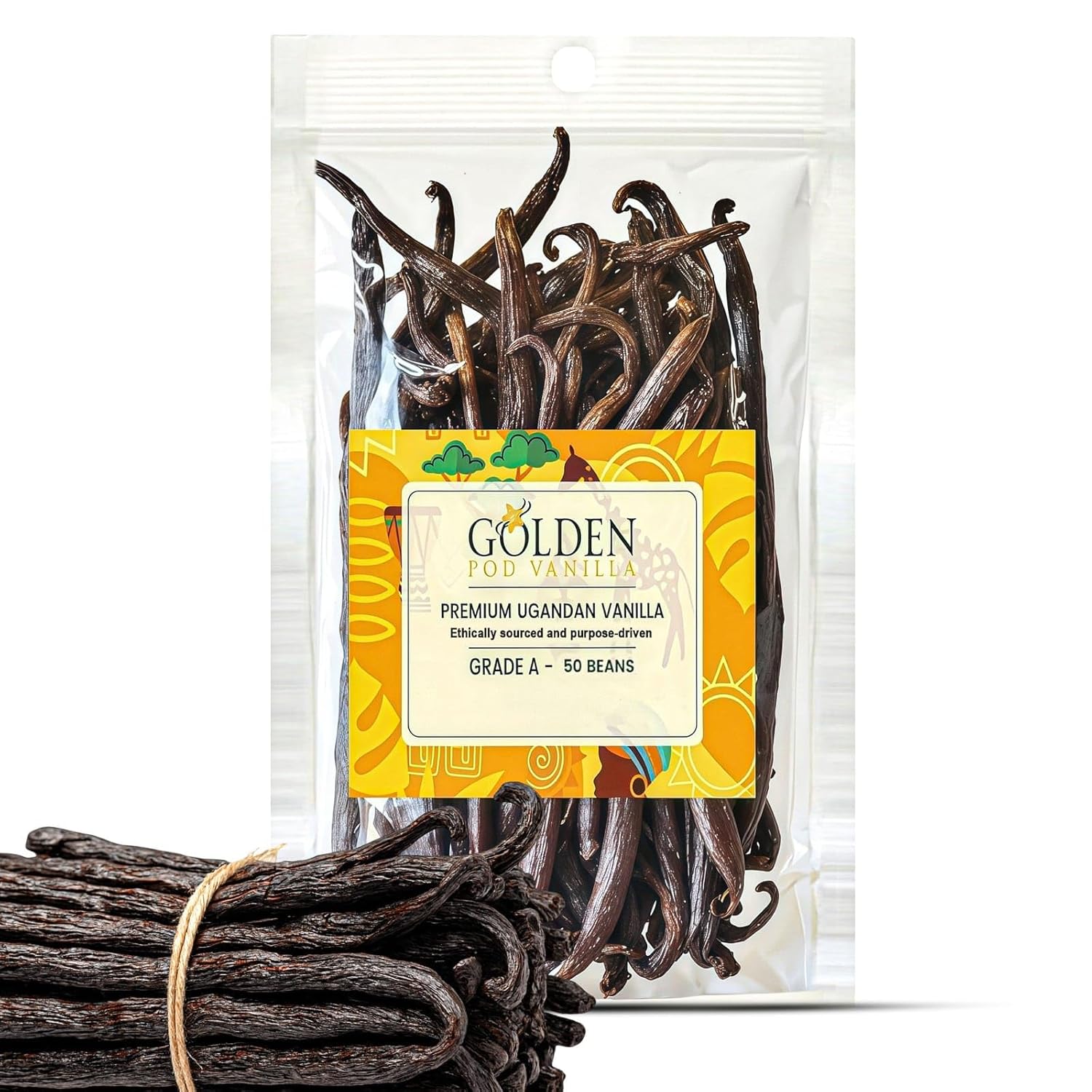Golden Pod Vanilla Beans 50 Count | Bulk Gourmet Grade A Whole Vanilla Pods | Soft, Moist & Aromatic Beans for Extract Making, Baking, Cooking & Desserts.