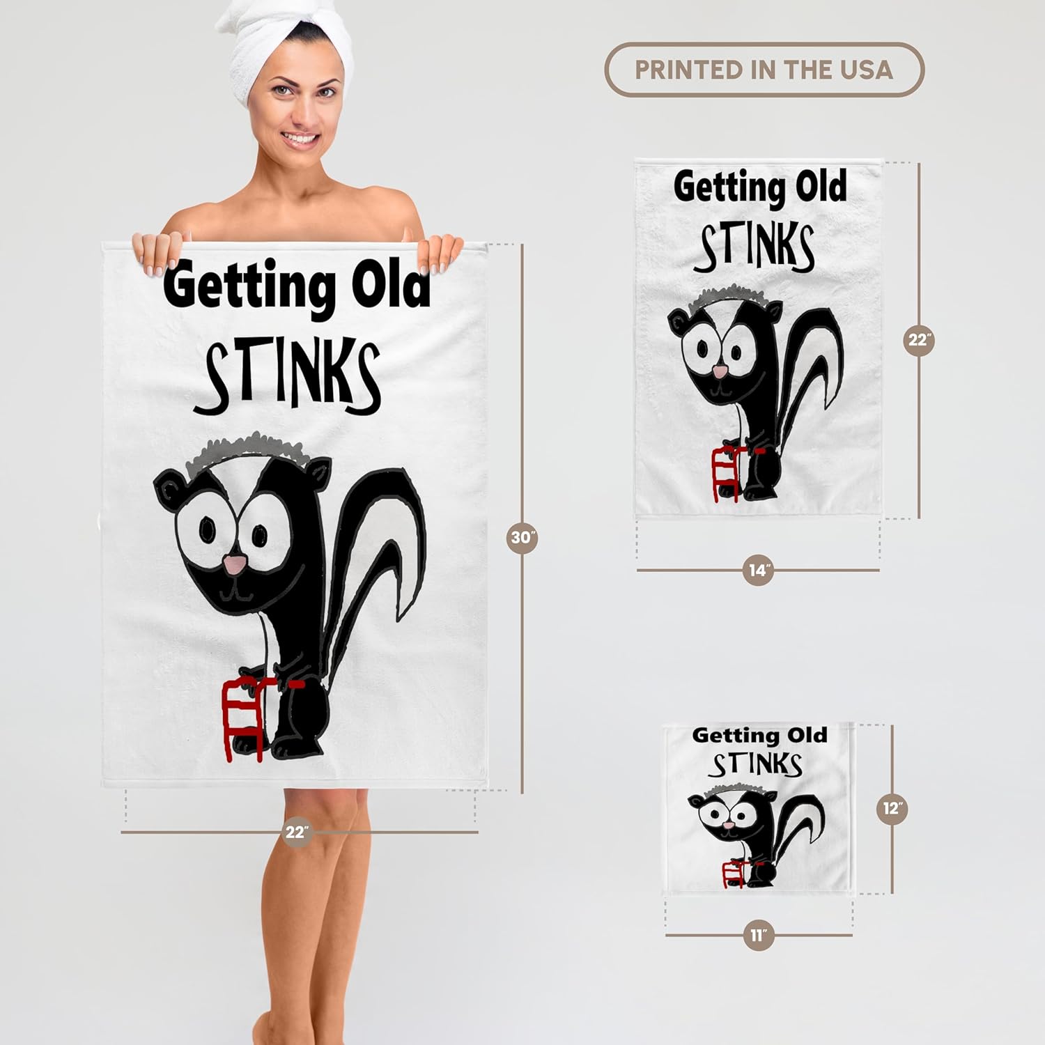 3dRose Cute Funny Getting Old Stinks Skunk Using Walker Cartoon 22x30 Bath Hand Pool Towel