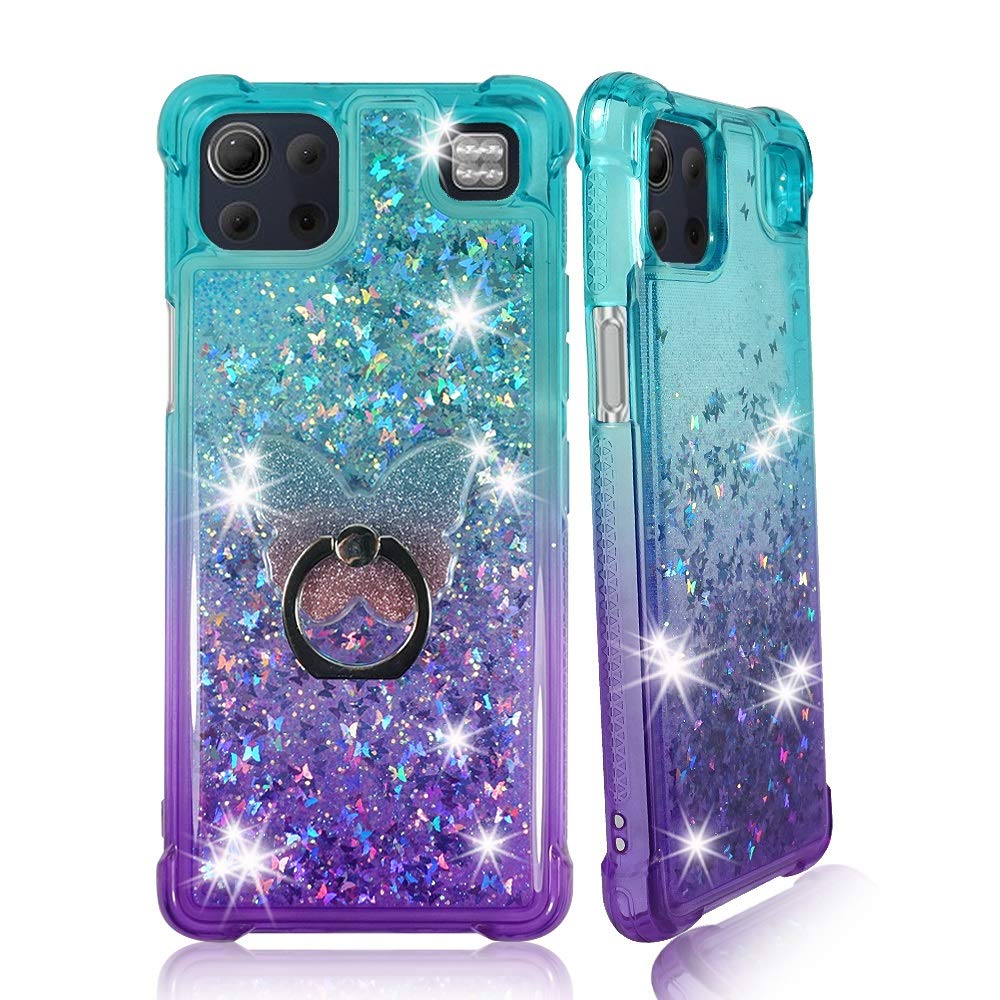Zase Design for LG K92 5G 6.7-inch Clear Case Liquid Glitter Sparkle Bling Cute Women Girls Shockproof Cover Floating 3D Butterflies Waterfall Quicksand w/Phone Ring Holder (Gradient Aqua Purple)