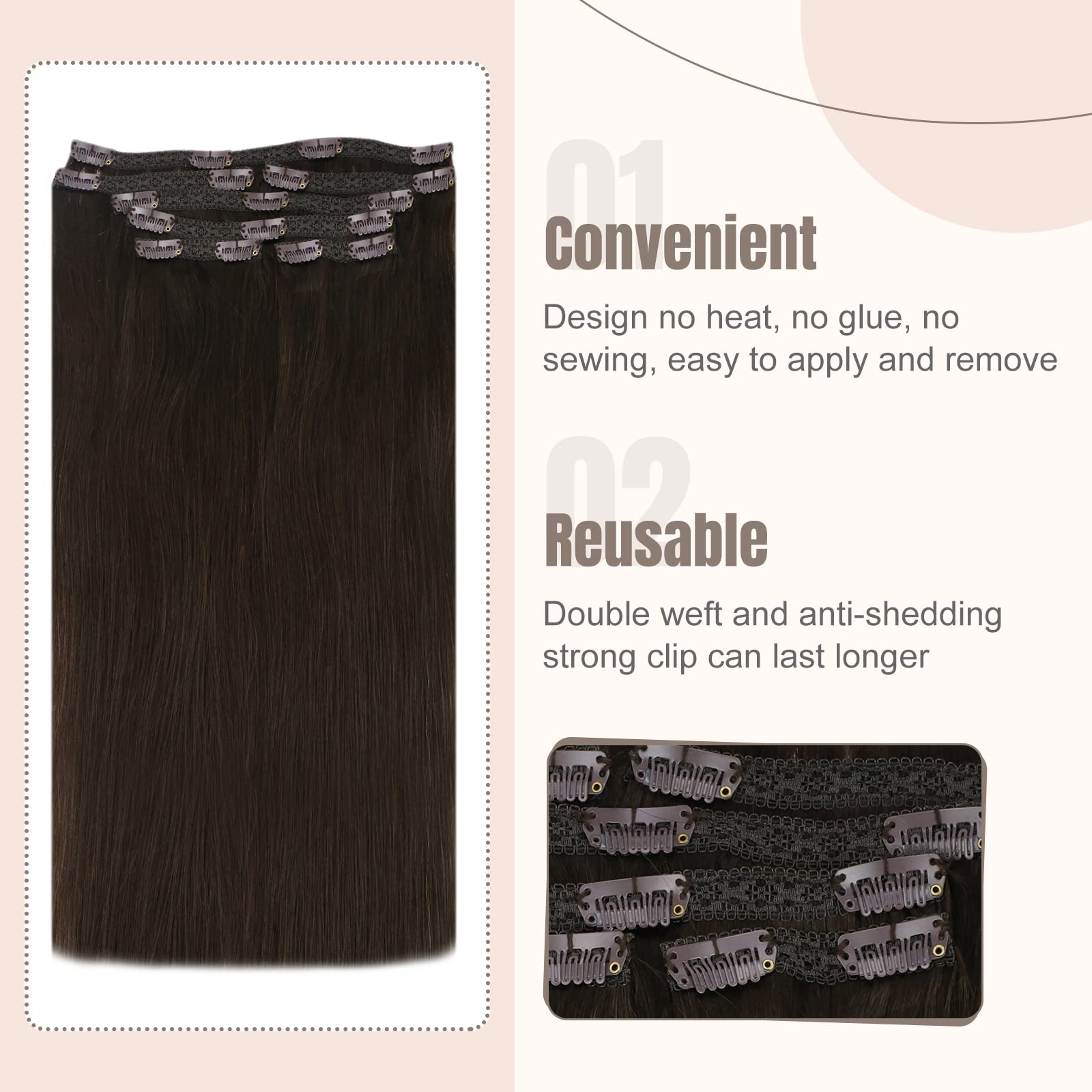 Fshine Extension Clip Capelli Veri 120g 40cm 7pcs Extension Clip Capelli Umani Lisci Castano Scuro Double Weft Extension Capelli Remy Clip Brasiliani Clip In Human Hair Extensions #2