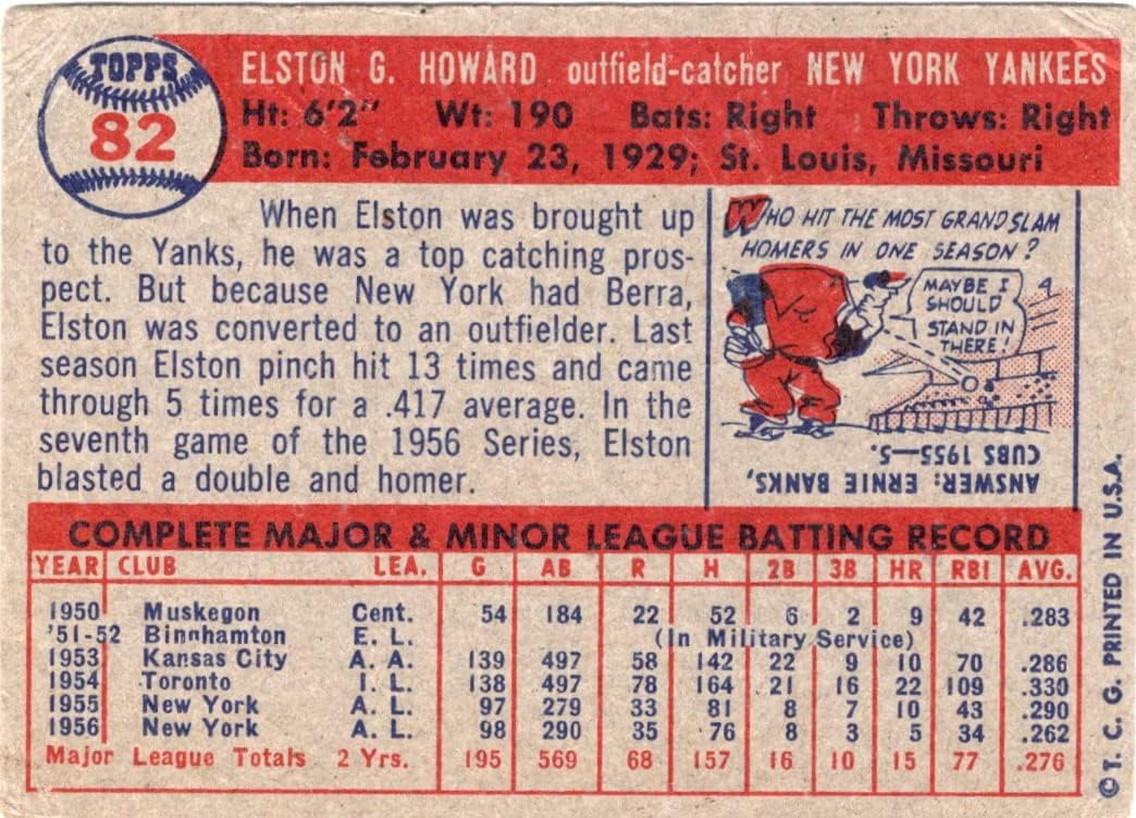 Elston Howard Collectible Baseball Card - 1957 Topps Baseball Card #82 (Yankees) Free Shipping